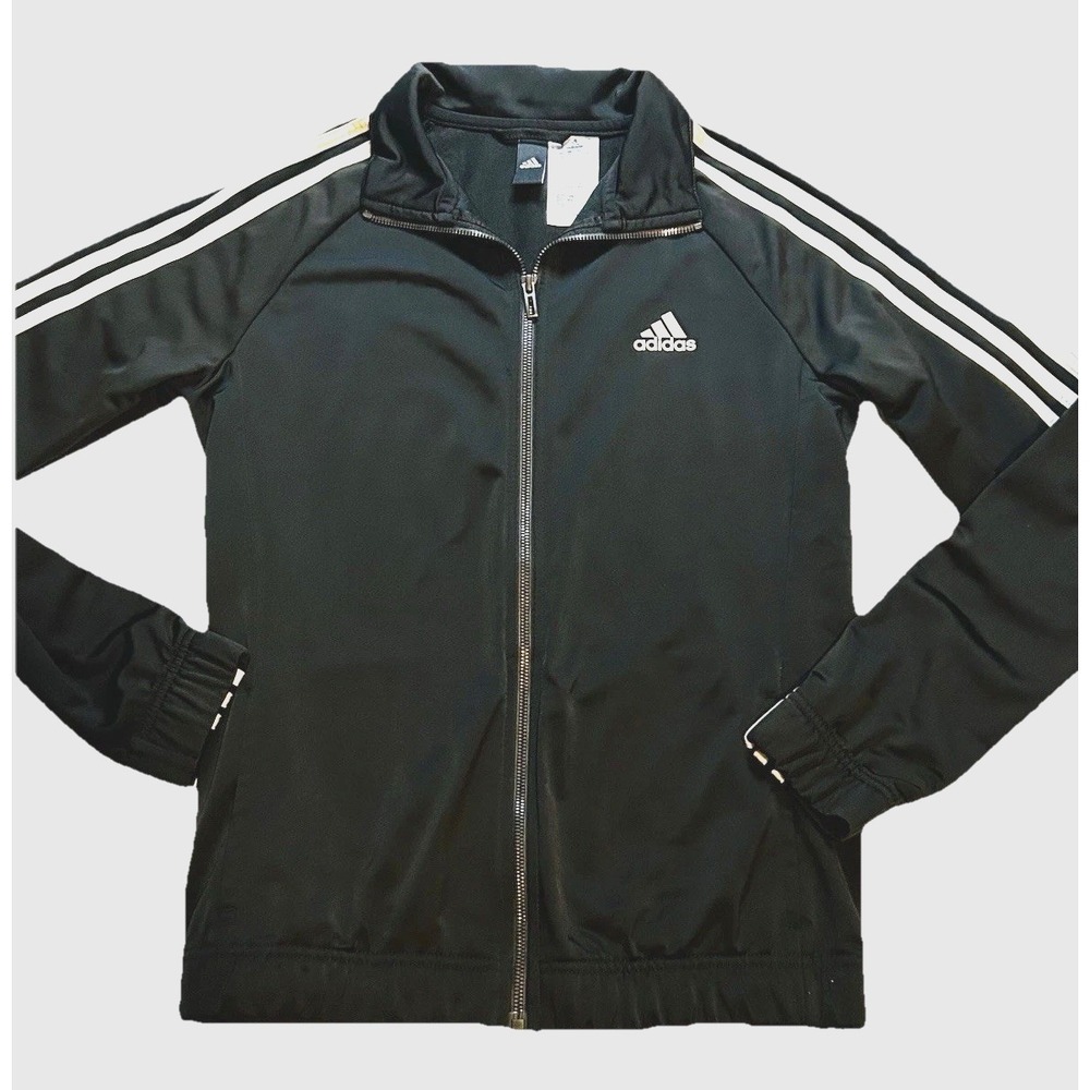 Adidas Track Jacket Youth Medium Black & White Stripes Full Zip Athletic Jacket